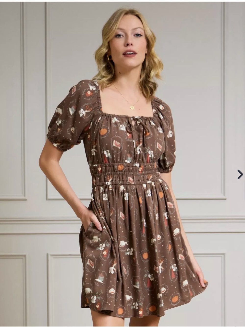 NWOT Over The Garden Wall Print Mini Dress with Smocked Waist in Brown M